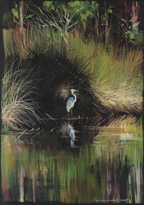 original drawing A4 116GZ artwork acrylic pastel modern heron on the pond - Picture 1 of 4