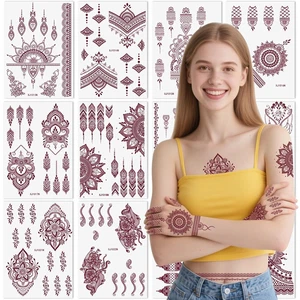 XMASIR 12 Blätter Mehndi Braun Tattoos Aufkleber, Temporäre Tattoos Schablone Se - Bild 1 von 12