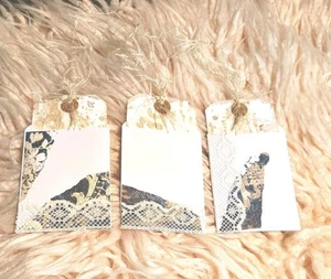 Junk Journal pockets Set of 3 Handmade White Blue Tan lace W/ Tags Funky String - Picture 1 of 13
