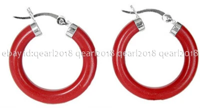 Lady's 30mm Jade Agate Coral Circle Gemstone Silver Hook Pierced Earrings - Image 1 of 4