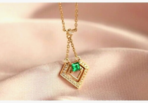 2 Ct Princess Cut Green Emerald Solitaire Pendant Chain 14K Yellow Gold Finish