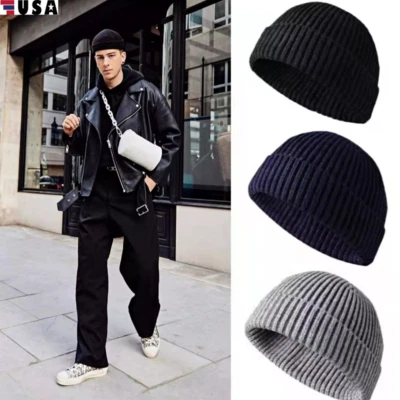 Para Hombres Mini Gorro Corto Pescador Sombreros Liso Invierno Cálido Acanalado Tejido Calavera Gorra Foto 1 de 4