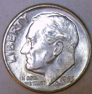 Moneda de diez centavos de plata Bu Roosevelt 1955 D sin circular Foto 1 de 2