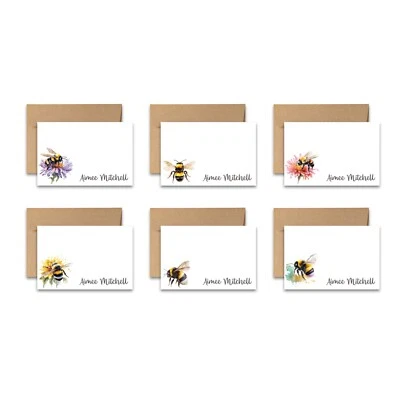 12 PERSONALIZED Flat Note card Cute Stationery with Envelopes - Honey Bee - Image 1 of 4