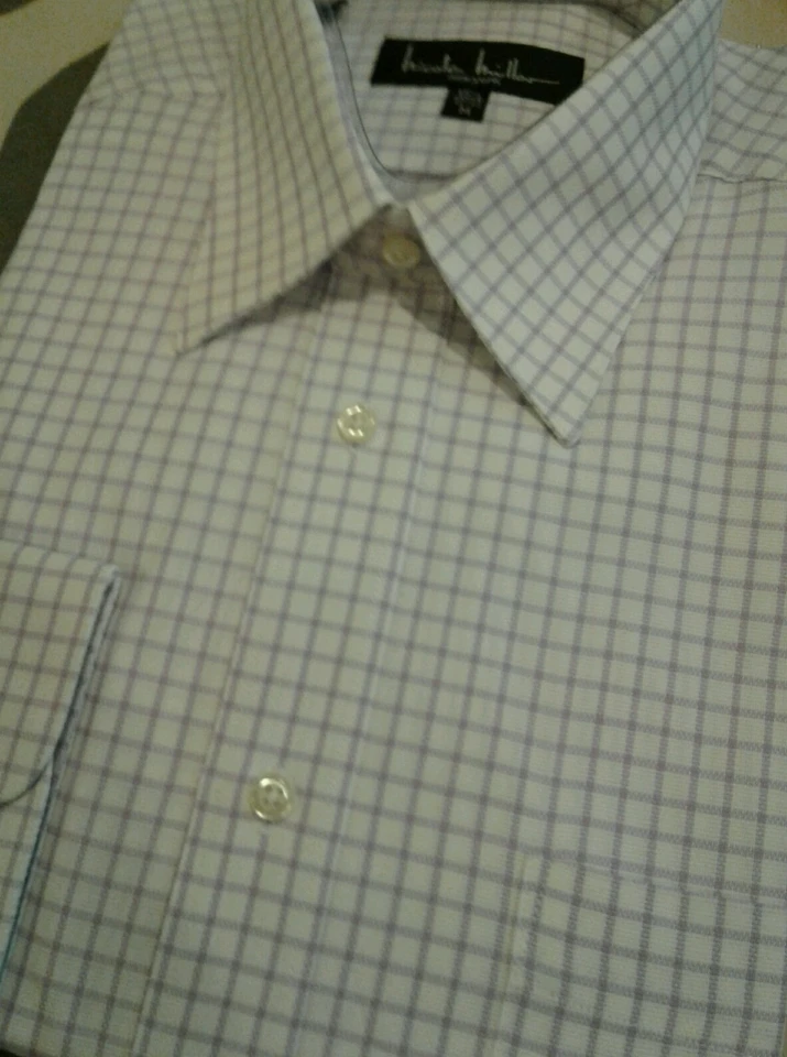 NUEVO CON ETIQUETAS Nicole Miller Camisa de Vestir Blanco Morado Lavanda Cuadros 15.5 32/33 Foto 1 de 1