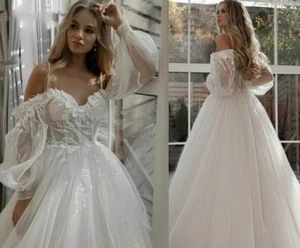 Ball Gown 3/4 Sleeve Wedding Dresses Strapless Off-shoulder Applique Sweep Train - Picture 1 of 14