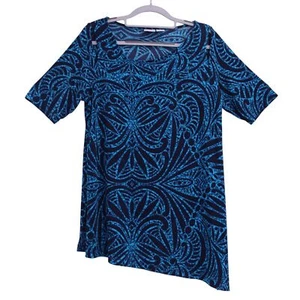 Chico's Travelers Blouse Sz 1 US 8/10 Blue Floral Cut Out Asymmetric Hem Tunic - Picture 1 of 8