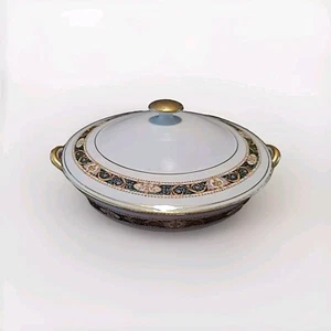 French Limoges C. Ahrenfeldt Covered Dish White/Black/Green Gold Trim 9in W/ Lid - Picture 1 of 22