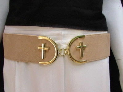 WOMEN WAIST HIP BEIGE WAISTBAND ELASTIC FASHION BELT GOLD CROSS BUCKLE SIZE S M - Image 1 of 4