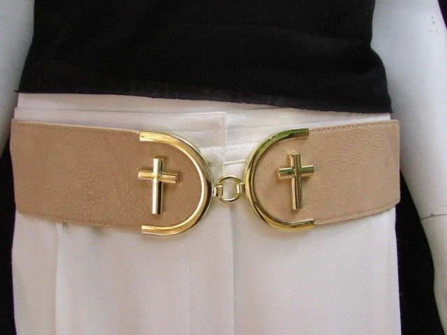 WOMEN WAIST HIP BEIGE WAISTBAND ELASTIC FASHION BELT GOLD CROSS BUCKLE SIZE S M - Image 1 of 4