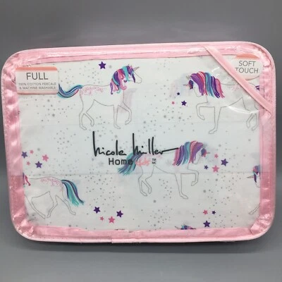 Juego de sábanas Nicole Miller Unicorn Stars COMPLETO algodón rosa púrpura turquesa plata Foto 1 de 4