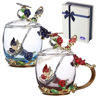 BTaT- Juego de tazas de té de vidrio floral con tapas y cucharas, paquete de 2, 11 oz, azul y R... Foto 1 de 4