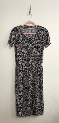 Vestido WoolOvers Midi Talla XS 6 8 Beige Azul Marino Floral Jersey Foto 1 de 4