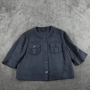 Jaeger Jacket Womens UK 12 Navy Linen Silk Cropped Boxy 3/4 Sleeve Shacket - Picture 1 of 9
