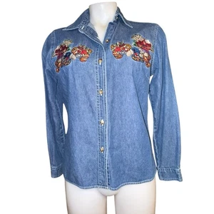 Vintage bestickt Denim Knopfleiste Hemd Blumen Landhaus Lehrerin Oma PS - Bild 1 von 6