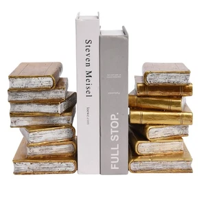 Antique Gold Book Theme Bookends Set Shelf Decor Bookshelf Book Holder - Picture 1 of 8