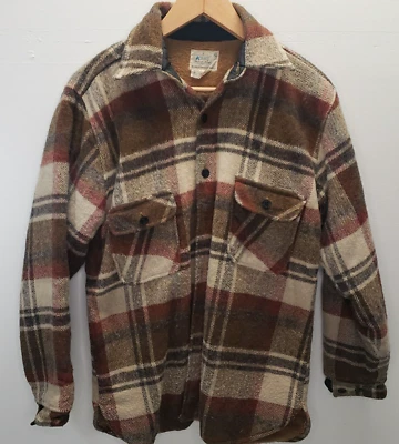 Vintage 70s-80s KMart Plaid Wool Chore Barn Coat Lined Mens Small Sherpa Lined - Image 1 of 4