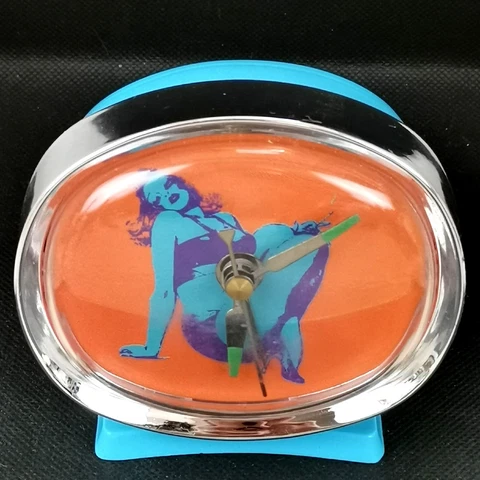 Vintage Pop Art Blue Orange Table Alarm Clock Space Era Woman Posing Working Cover