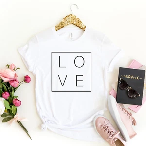 Womens Tops Love Box Square Short Sleeve Graphic T-shirt - Plus Size Tees S-4XL - Picture 1 of 5