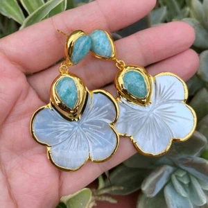 White Mother Of Pearl Shell Carved Flower Amazonite Stud Dangle Earrings - Picture 1 of 7