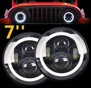 Pair 7" Inch Round LED Headlights Halo Angle Eyes For Jeep Wrangler JK LJ TJ CJ - Foto 1 di 12