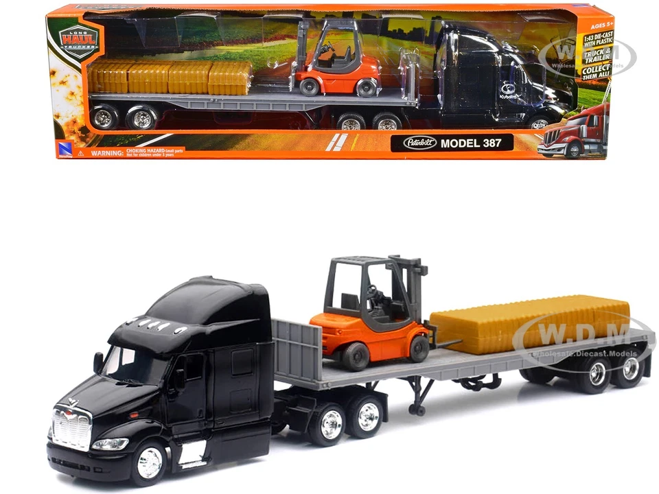 PETERBILT 387 TRUCK W/FLATBED BLACK W/FORKLIFT & HAY 1/43 BY NEW RAY 15123 J - Image 1 of 1
