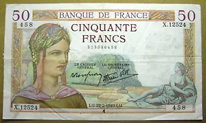 France 50 Francs Banknote 1940 P-85b, Combined Shipping - Picture 1 of 2
