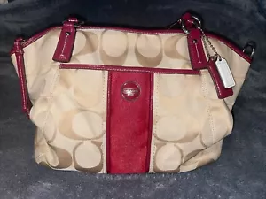 Tan Coach Signature CC Bag with Maroon Accents Large K1371-28208E - Picture 1 of 16