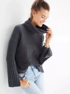 Madewell Gray Ribbed 100% Cashmere Slit-Sleeve Turtleneck Sweater Jumper XXS - Picture 1 of 11