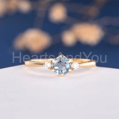 Anillo de oro amarillo sólido 100 % 14 k de aguamarina azul natural de corte redondo de 1 quilate Foto 1 de 4