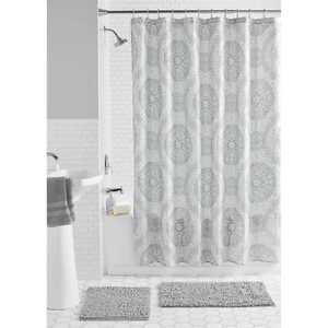 Medallion 15-Piece Silver Polyester Shower Curtain Set - Picture 1 of 12