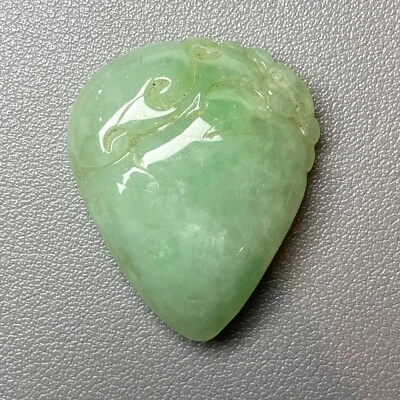 Antique Chinese Natural Icy Green Jadeite Jade carved Peach Lingzhi and Bat - Image 1 of 4