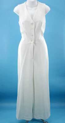 Vtg Women's 70s White Sleeveless Vest Front Jumpsuit Sz M 1970s Polyester - Image 1 of 4