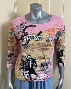 Candy Couture Western Themed Top Womens Size L Pink Guest Ranch Sequin Beaded - Picture 1 of 13
