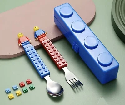 儿童建筑块叉子和勺子红/蓝餐套装不锈钢带盒 — 第 1/4 张图片