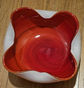 Murano Style Folded Swirl Art Glass Red & White 8" Bowl - Picture 1 of 10