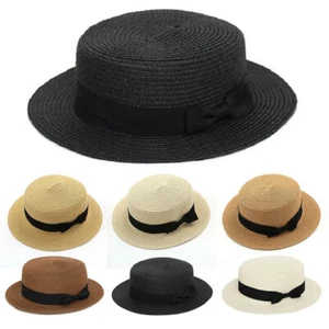 Lady Straw Boater Hat Flat Top Wide Brim Bucket Floppy Cap Beach Sun Protection - Picture 1 of 17