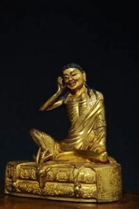 Statua Buddha 8,3" Cina antico tibetano buddismo tempio bronzo dorato 24k - Foto 1 di 9