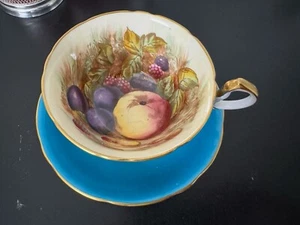 Aynsley Cup & Saucer Turquoise Blue Orchard Fruit England Teacup Signed D Jones - Picture 1 of 10