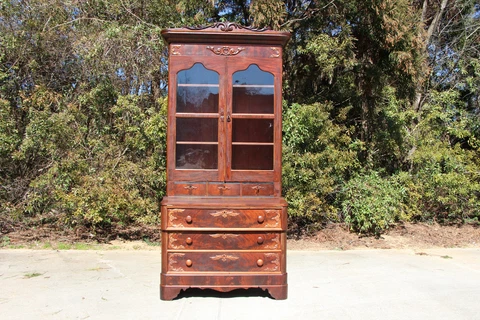 Tall Fancy Victorian Empire Flame Mahogany Secretary Desk with Secret Drawer Cover