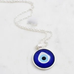 Evil Eye Greek Turkish Blue Mati Glass Cabochon Nazar Silver Pendant Necklace - Foto 1 di 4