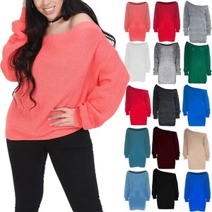 Damen Grobstrick Damen Schulterfrei Langarm Bardot Pullover Kleid Plus Größe - Bild 1 von 16
