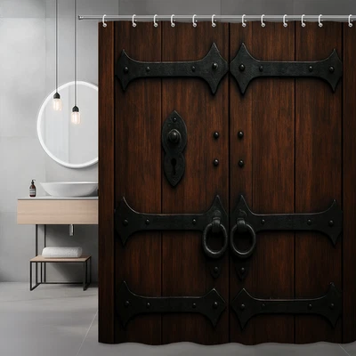 Cortina de Ducha Marrón Rústica con Diseño Decorativo de Herrajes de Hierro Foto 1 de 4