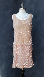 Mini robe vintage rose pailletée sans manches en laine fait main M - Photo 1/22