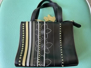 Fabulous Radley Small Black Leather Hand Bag Embroidered & Striped + Dust Bag - Picture 1 of 8