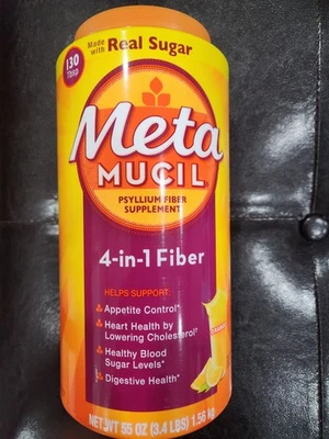 SUPLEMENTO DE FIBRA METAMUCIL HECHO CON AZÚCAR REAL 130 CUCHARADAS PESO NETO 55 OZ 27/08 EE. UU. Foto 1 de 4