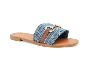 Yoki KARMEN-20 Raffia Woven Flat Buckle Women's Slide Sandals, Size: 8.5 Blue - Picture 1 of 3