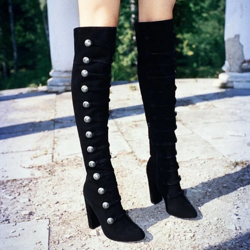 Botas RARAS Aquazzura Rasputine Militares Tacón Bloque Gamuza Negra Sobre la Rodilla Foto 1 de 4