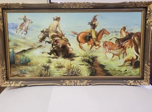 Rare Antique Cowboy Horse and Cattle Painting Signed and Framed - Picture 1 of 7