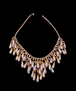 Dichiarazione Collare Vintage Tono Oro Cristallo Trasparente a Forma di Goccia Finta Perla - Foto 1 di 10